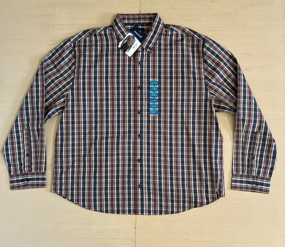 HAGGAR Men's Size 2XL Comfort Stretch Fabric Long Sleeve Button Down Plaid Shirt